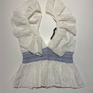 Zara Eyelet Lace Ruffle Peplum Top with Smocked Waist Size XS
